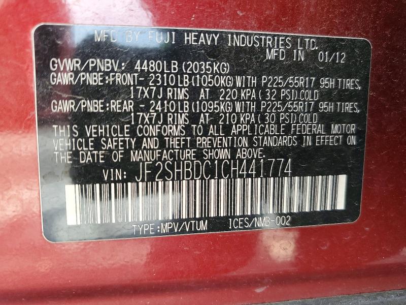 Продажа на аукционе авто 2012 Subaru Forester, vin: JF2SHBDC1CH441774, номер лота: 58084426