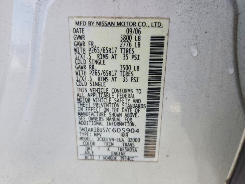 Aukcja sprzedaży 2007 Nissan Pathfinder, vin: 5N1AR18U57C605904, numer aukcji: 58035506