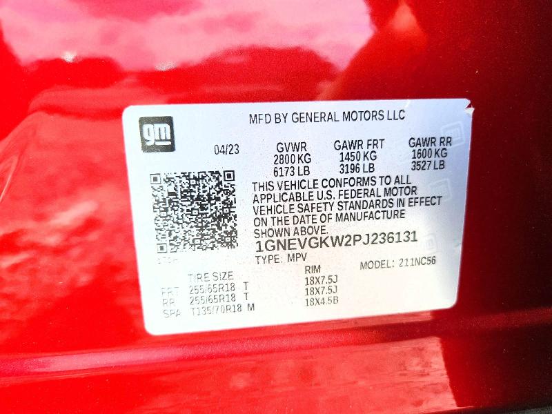 57667866 :رقم المزاد ، 1GNEVGKW2PJ236131 vin ، 2023 Chevrolet Traverse مزاد بيع