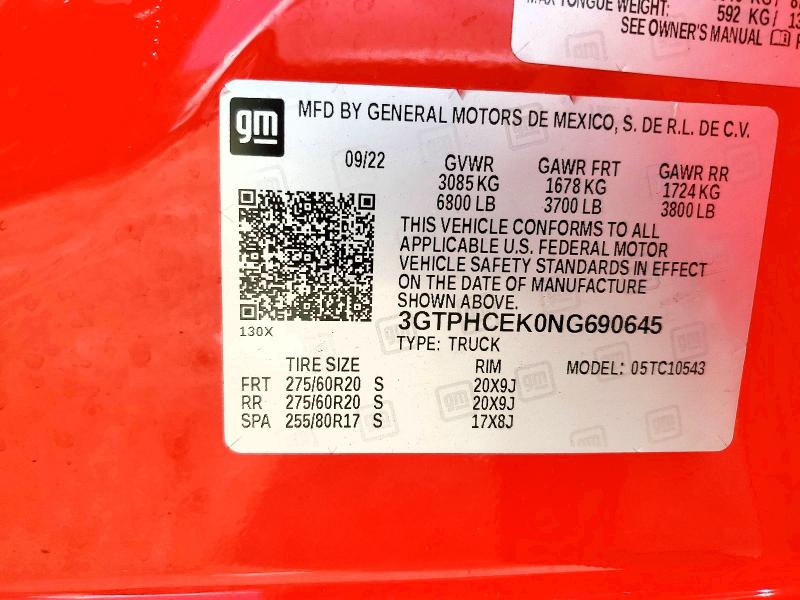 56293276 :رقم المزاد ، 3GTPHCEK0NG690645 vin ، 2022 Gmc Sierra مزاد بيع