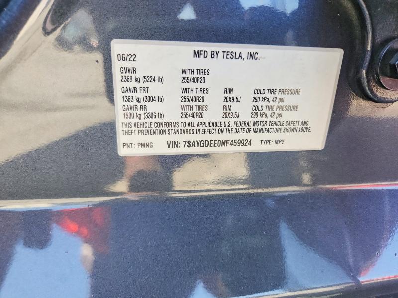 Продажа на аукционе авто 2022 Tesla Model Y, vin: 7SAYGDEE0NF459924, номер лота: 57265366