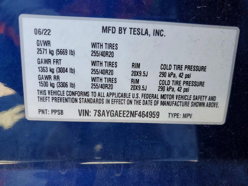 76296745 :رقم المزاد ، 7SAYGAEE2NF464959 vin ، 2022 Tesla Model Y مزاد بيع
