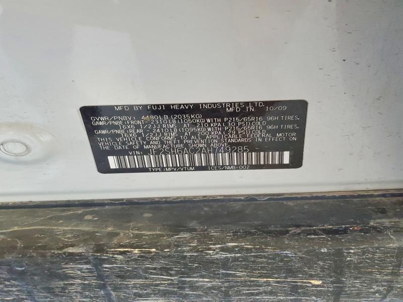 2010 Subaru Forester მანქანა იყიდება აუქციონზე, vin: JF2SH6AC2AH749285, აუქციონის ნომერი: 58910286