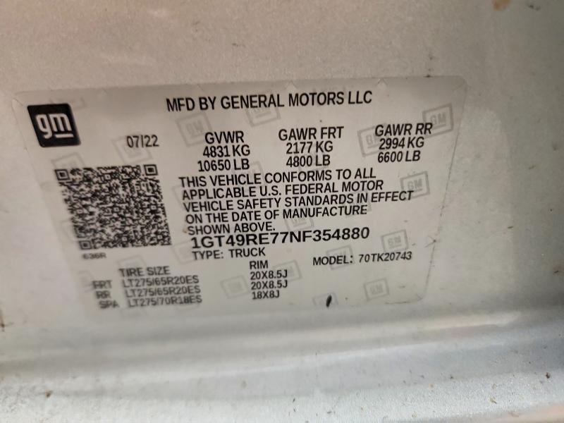 2022 Gmc Sierra მანქანა იყიდება აუქციონზე, vin: 1GT49RE77NF354880, აუქციონის ნომერი: 56915776