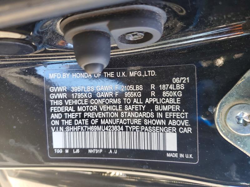 Продаж на аукціоні авто 2021 Honda Civic, vin: SHHFK7H69MU423834, номер лоту: 55066526