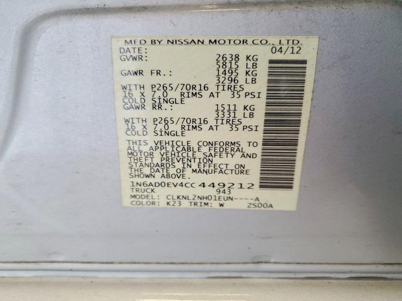 2012 Nissan Frontier მანქანა იყიდება აუქციონზე, vin: 1N6AD0EV4CC449212, აუქციონის ნომერი: 56599206