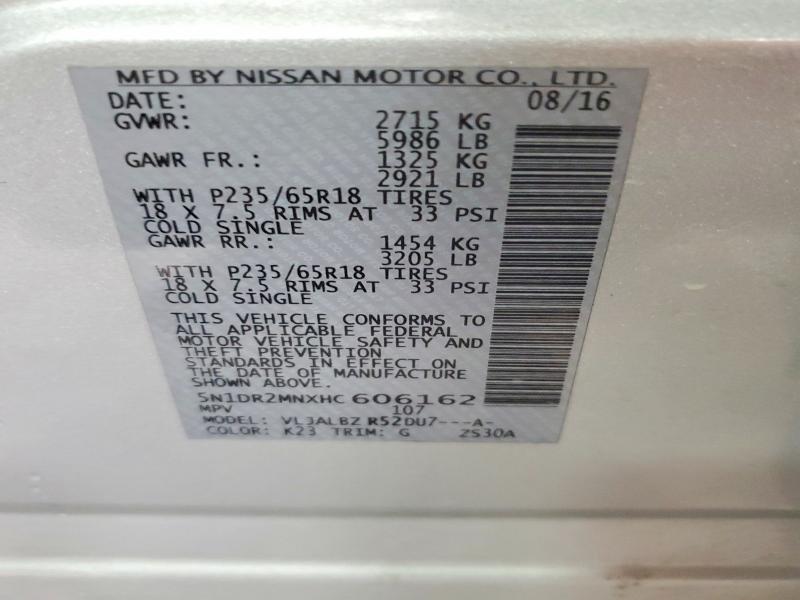 56591546 :رقم المزاد ، 5N1DR2MNXHC606162 vin ، 2017 Nissan Pathfinder مزاد بيع