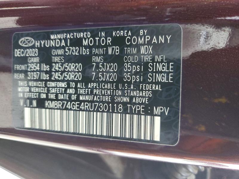 2024 Hyundai Palisade მანქანა იყიდება აუქციონზე, vin: KM8R74GE4RU730118, აუქციონის ნომერი: 55631436