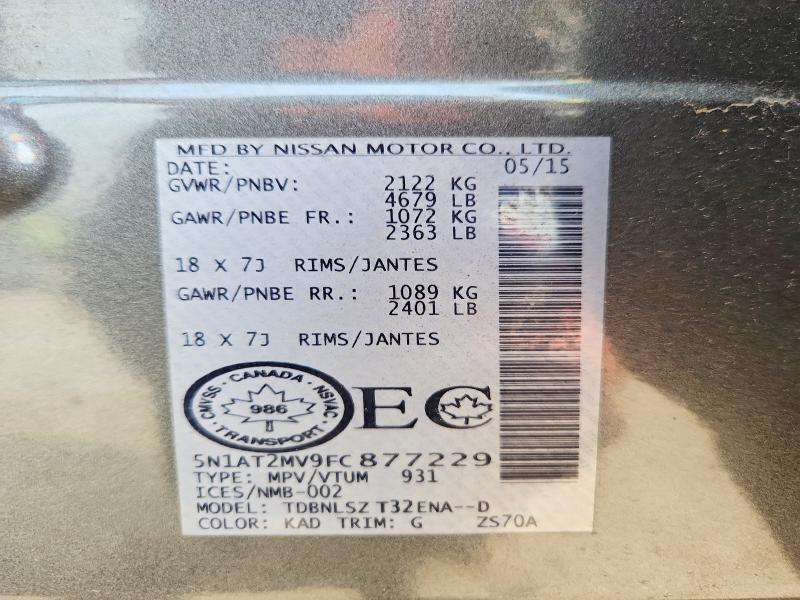 2015 Nissan Rogue მანქანა იყიდება აუქციონზე, vin: 5N1AT2MV9FC877229, აუქციონის ნომერი: 55499746