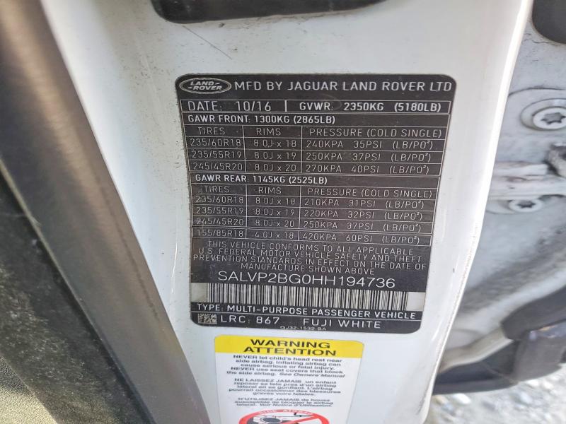2017 Land Rover Range Rover Evoque მანქანა იყიდება აუქციონზე, vin: SALVP2BG0HH194736, აუქციონის ნომერი: 57972226