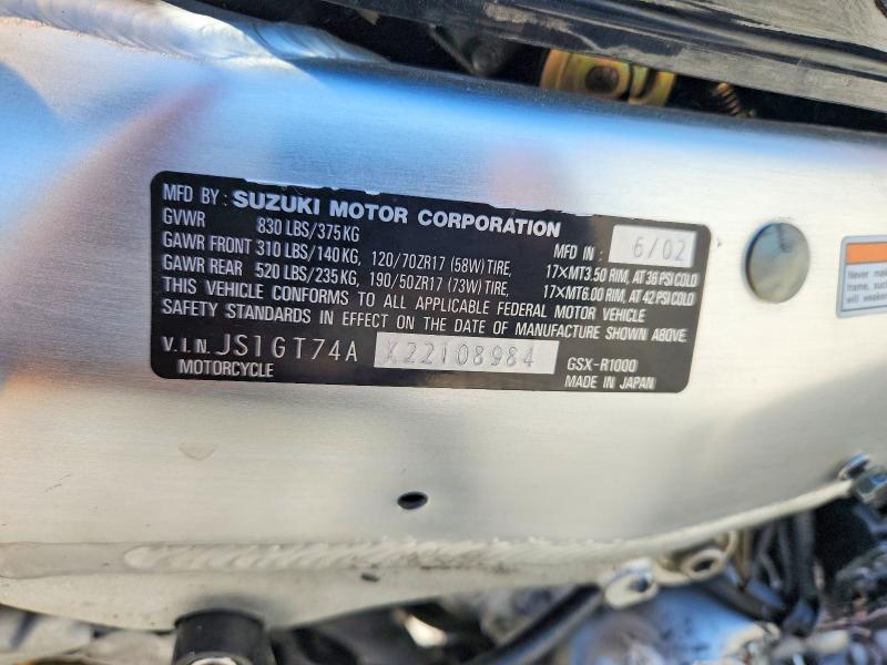 56809796 :رقم المزاد ، JS1GT74AX22108984 vin ، 2002 Suzuki Gsx-r1000 مزاد بيع