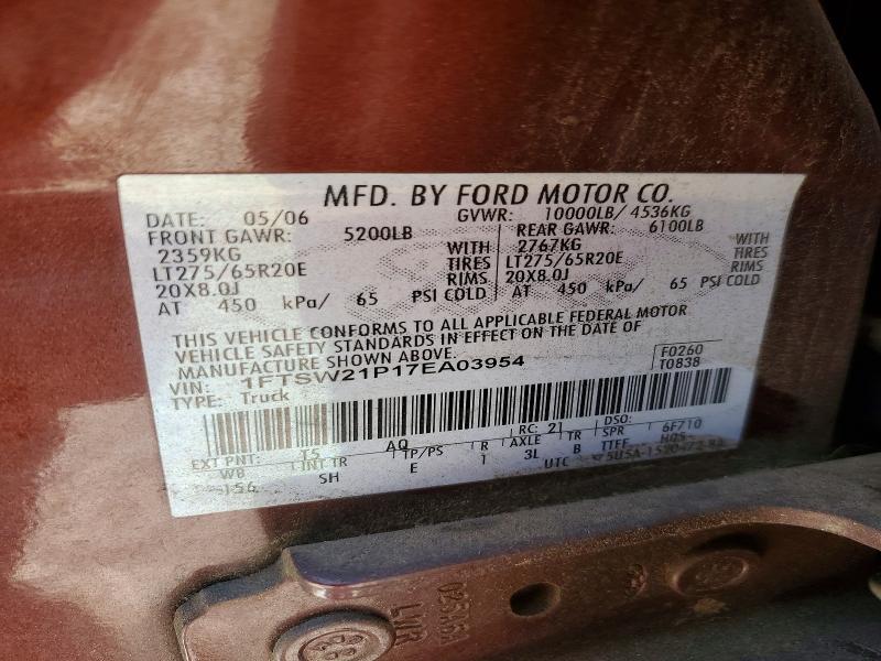 2007 Ford F250 მანქანა იყიდება აუქციონზე, vin: 1FTSW21P17EA03954, აუქციონის ნომერი: 57539576