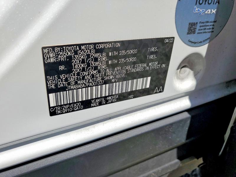 Aukcja sprzedaży 2023 Toyota Bz4x, vin: JTMABABA7PA001337, numer aukcji: 55431486