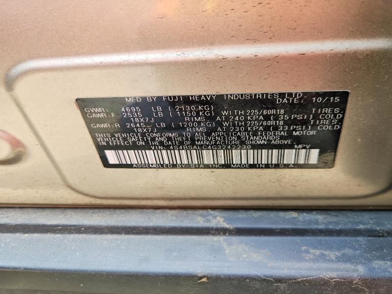 2016 Subaru Outback მანქანა იყიდება აუქციონზე, vin: 4S4BSALC4G3242230, აუქციონის ნომერი: 55005646