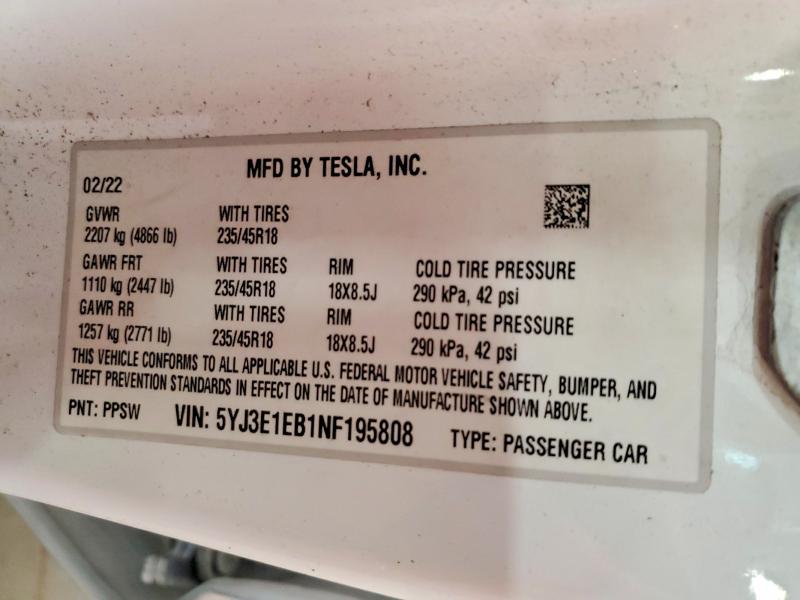 2022 Tesla Model 3 მანქანა იყიდება აუქციონზე, vin: 5YJ3E1EB1NF195808, აუქციონის ნომერი: 56263976