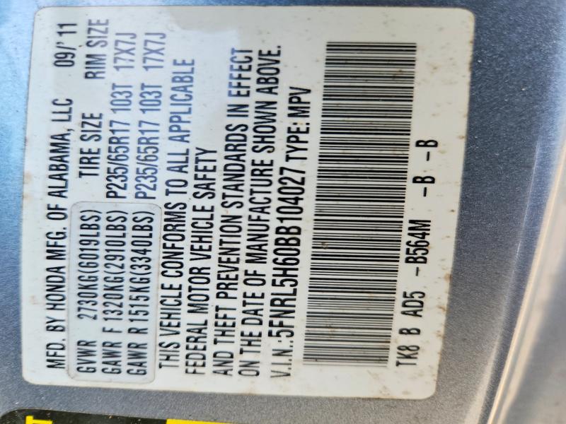 57945736 :رقم المزاد ، 5FNRL5H60BB104027 vin ، 2011 Honda Odyssey مزاد بيع