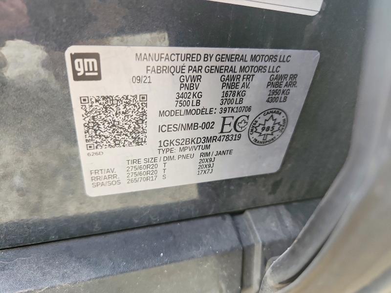 55802076 :رقم المزاد ، 1GKS2BKD3MR478319 vin ، 2021 Gmc Yukon مزاد بيع