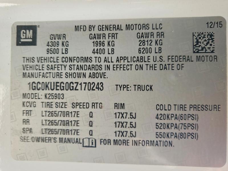 Продаж на аукціоні авто 2016 Chevrolet Silverado, vin: 1GC0KUEG0GZ170243, номер лоту: 57590206