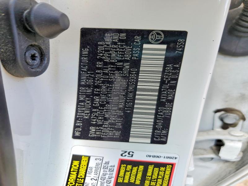 2021 Toyota Camry მანქანა იყიდება აუქციონზე, vin: 4T1G11AK1MU593640, აუქციონის ნომერი: 58439306