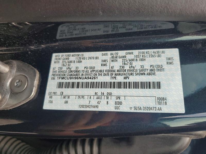 Aukcja sprzedaży 2022 Ford Escape, vin: 1FMCU9H96NUA94261, numer aukcji: 56872836