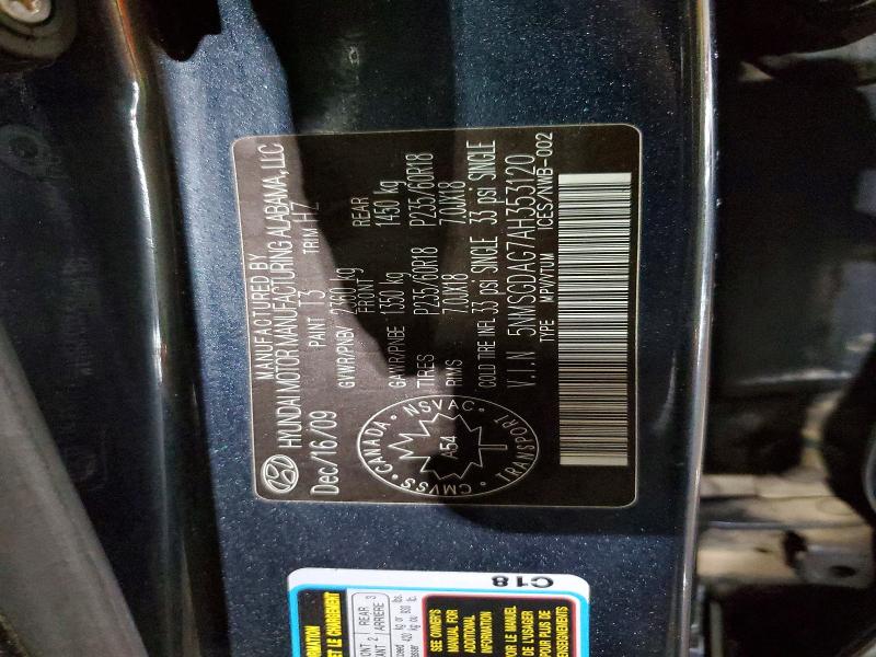 Aukcja sprzedaży 2010 Hyundai Santa Fe, vin: 5NMSGDAG7AH353120, numer aukcji: 55638586
