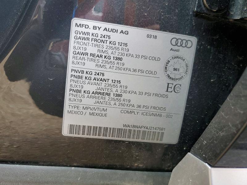 2018 Audi Q5 მანქანა იყიდება აუქციონზე, vin: WA1BNAFY4J2147581, აუქციონის ნომერი: 58000716