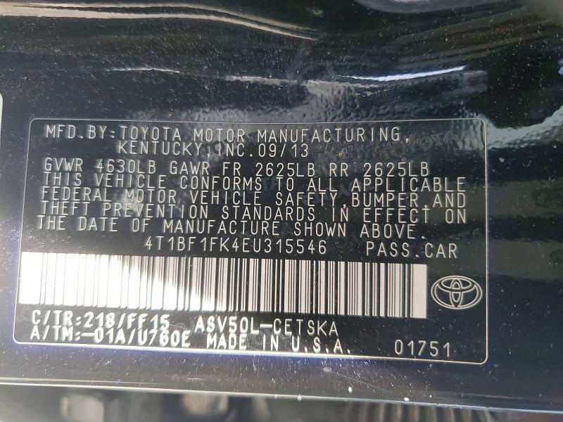 2014 Toyota Camry მანქანა იყიდება აუქციონზე, vin: 4T1BF1FK4EU315546, აუქციონის ნომერი: 56308846