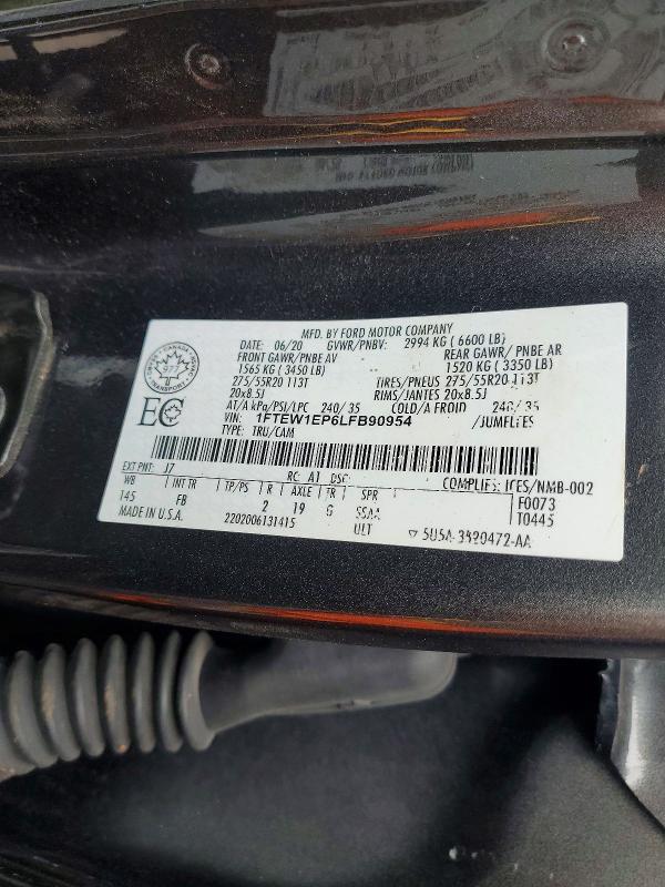 Продаж на аукціоні авто 2020 Ford F150, vin: 1FTEW1EP6LFB90954, номер лоту: 57762576