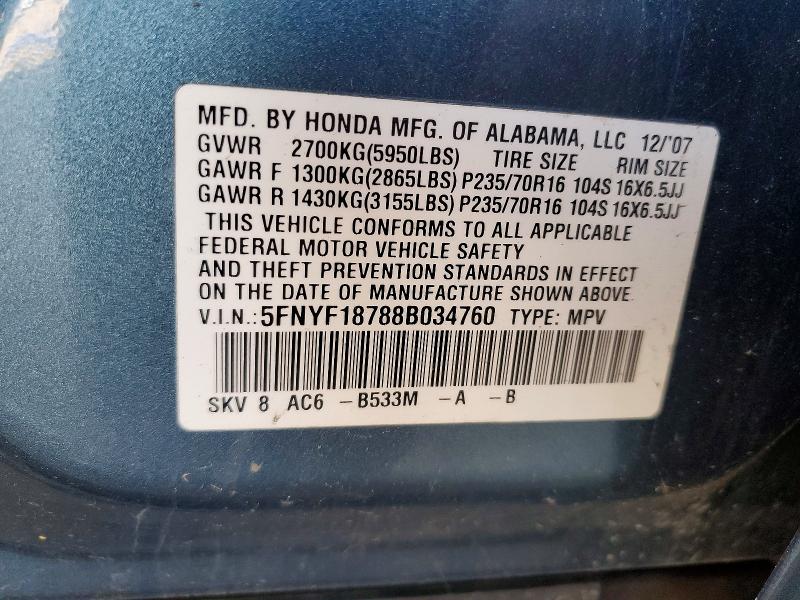 57268136 :رقم المزاد ، 5FNYF18788B034760 vin ، 2008 Honda Pilot مزاد بيع