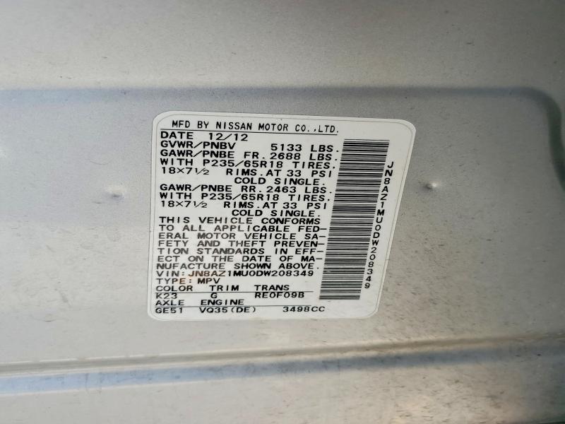 2013 Nissan Murano მანქანა იყიდება აუქციონზე, vin: JN8AZ1MU0DW208349, აუქციონის ნომერი: 55358606