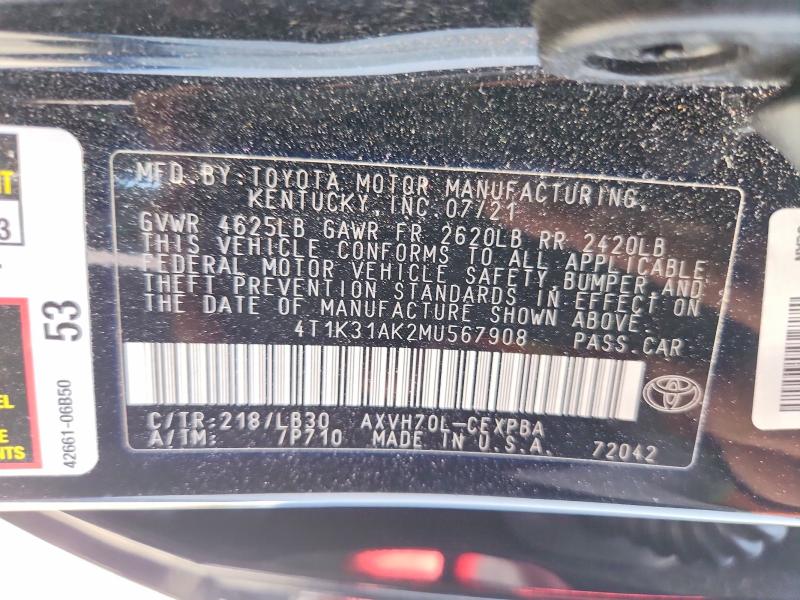 56865466 :رقم المزاد ، 4T1K31AK2MU567908 vin ، 2021 Toyota Camry مزاد بيع