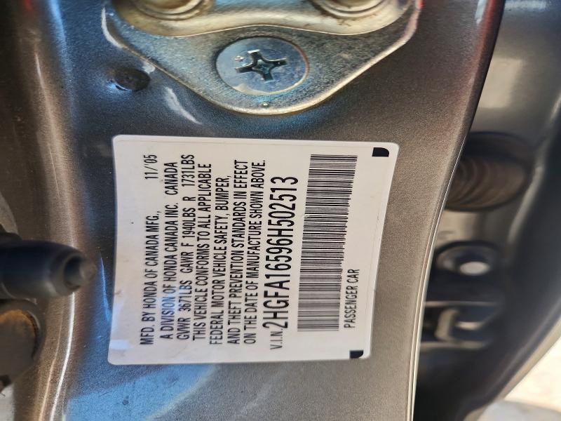 Auction sale of the 2006 Honda Civic, vin: 2HGFA16596H502513, lot number: 85963365