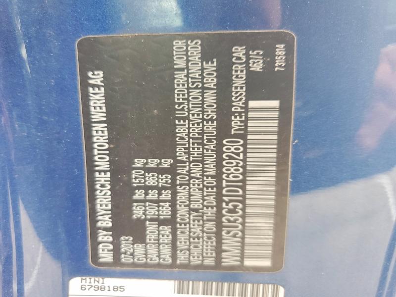 57851716 :رقم المزاد ، WMWSU3C51DT689280 vin ، 2013 Mini Cooper مزاد بيع