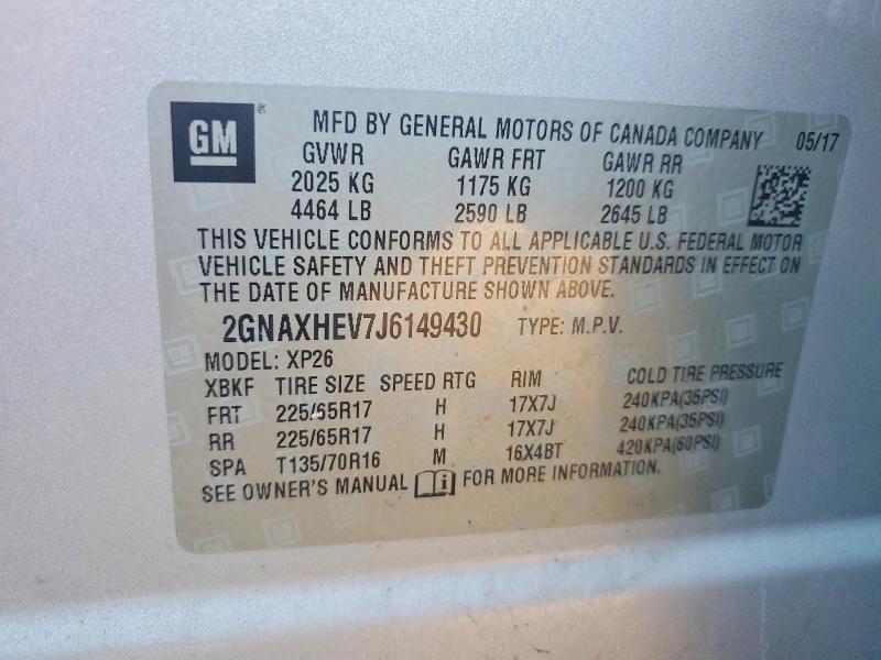 57222606 :رقم المزاد ، 2GNAXHEV7J6149430 vin ، 2018 Chevrolet Equinox مزاد بيع