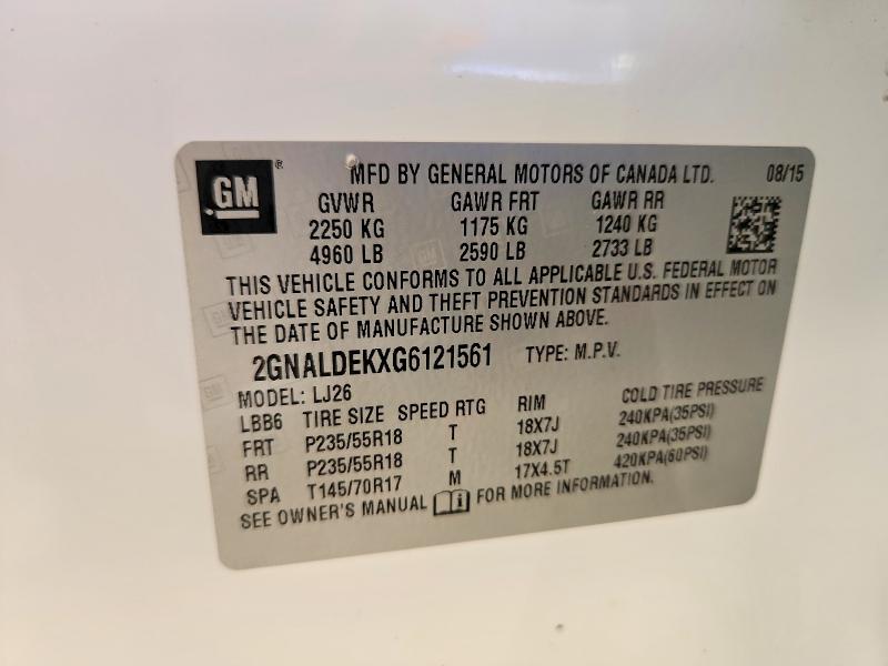 2016 Chevrolet Equinox მანქანა იყიდება აუქციონზე, vin: 2GNALDEKXG6121561, აუქციონის ნომერი: 55995456
