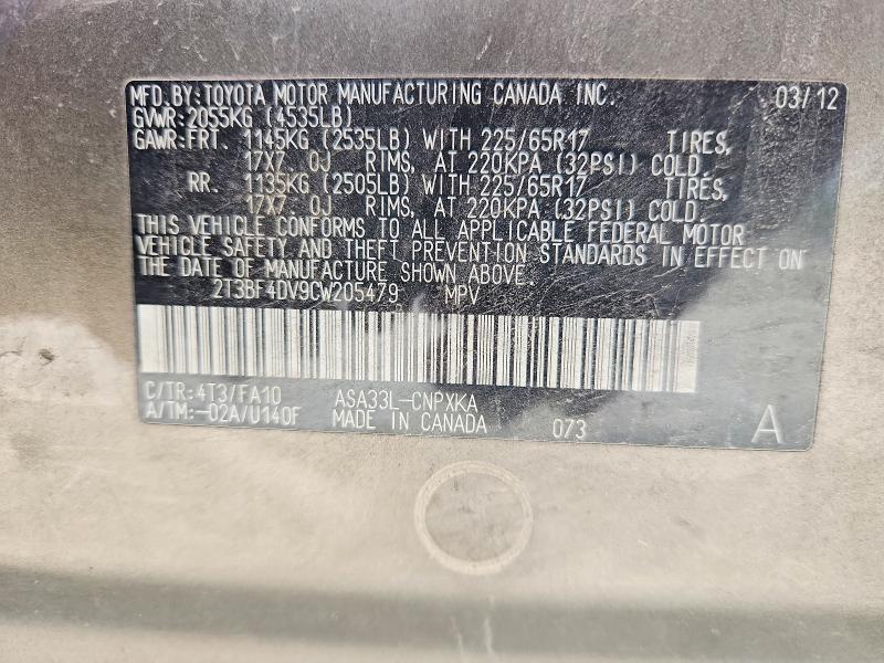 Aukcja sprzedaży 2012 Toyota Rav4, vin: 2T3BF4DV9CW205479, numer aukcji: 59267826