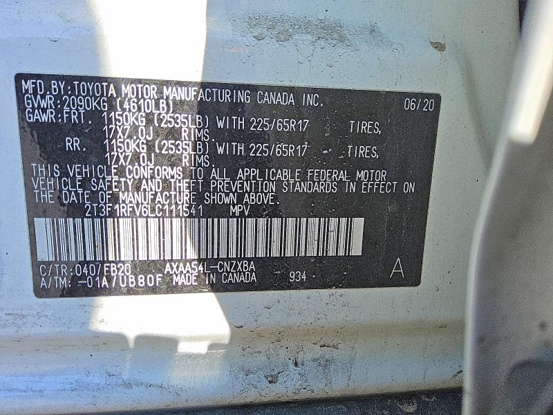 Aukcja sprzedaży 2020 Toyota Rav4, vin: 2T3F1RFV6LC111541, numer aukcji: 52743166