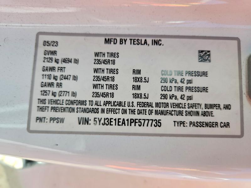 58917946 :رقم المزاد ، 5YJ3E1EA1PF577735 vin ، 2023 Tesla Model 3 مزاد بيع
