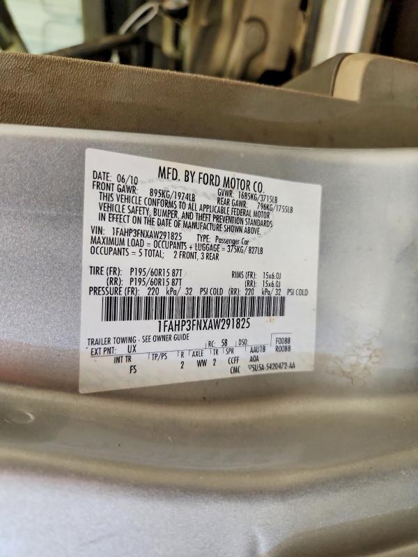2010 Ford Focus მანქანა იყიდება აუქციონზე, vin: 1FAHP3FNXAW291825, აუქციონის ნომერი: 59201016