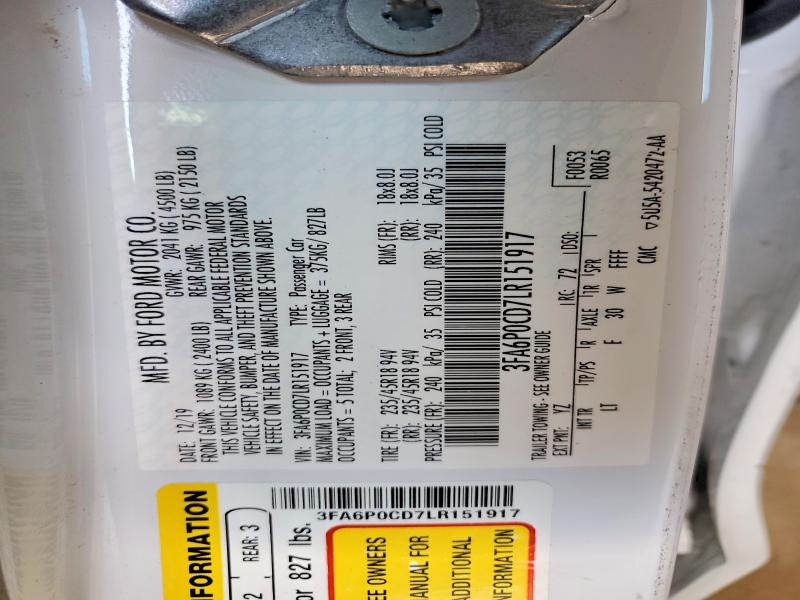2020 Ford Fusion მანქანა იყიდება აუქციონზე, vin: 3FA6P0CD7LR151917, აუქციონის ნომერი: 57315186