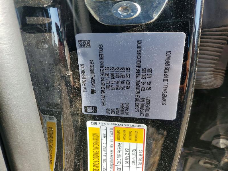 Продаж на аукціоні авто 2022 Chevrolet Tahoe, vin: 1GNSKPKD1NR193894, номер лоту: 58377196