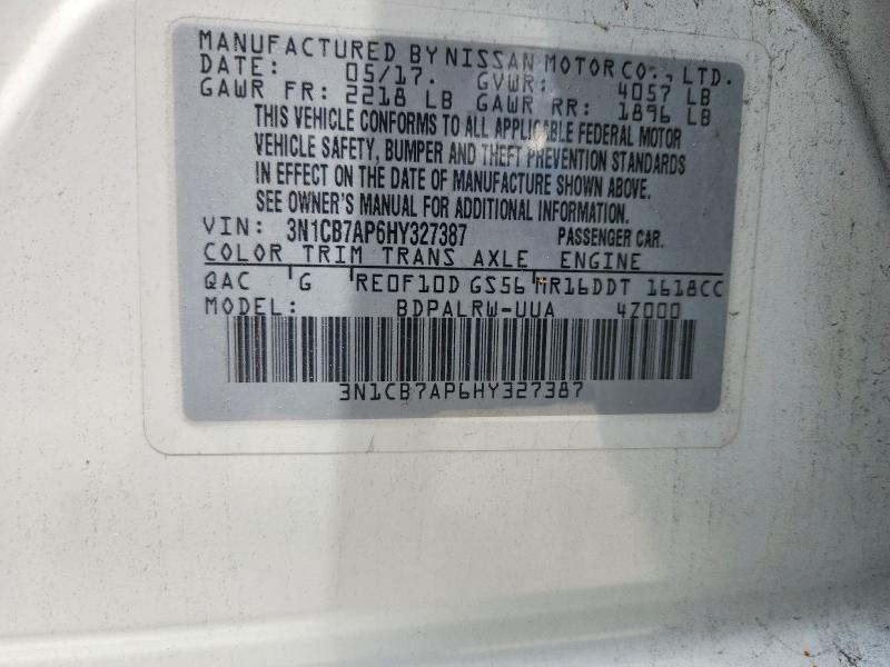 2017 Nissan Sentra მანქანა იყიდება აუქციონზე, vin: 3N1CB7AP6HY327387, აუქციონის ნომერი: 56432506