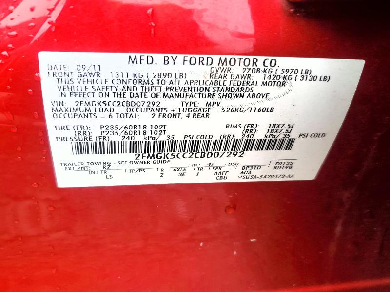58989896 :رقم المزاد ، 2FMGK5CC2CBD07292 vin ، 2012 Ford Flex مزاد بيع