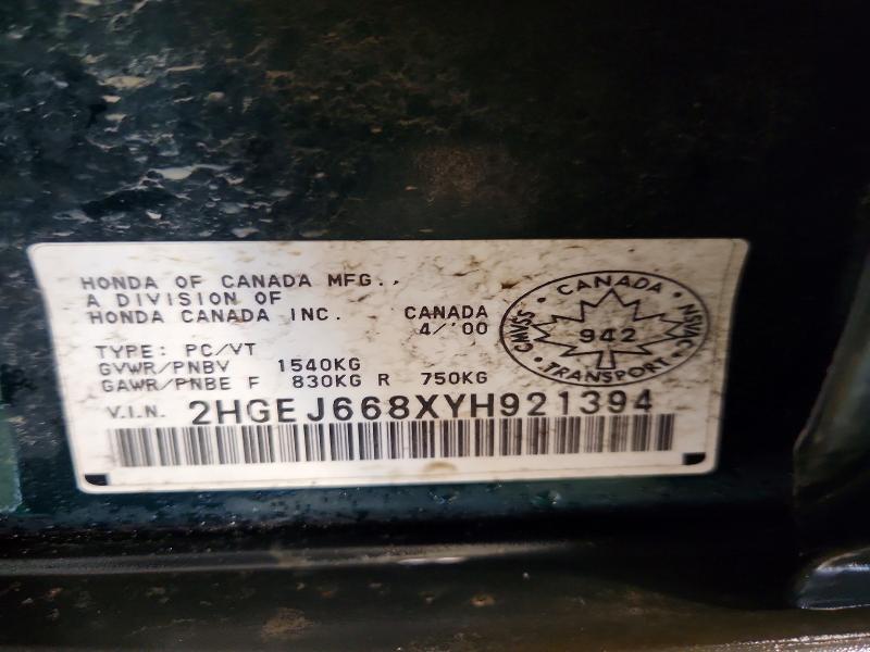 Aukcja sprzedaży 2000 Honda Civic, vin: 2HGEJ668XYH921394, numer aukcji: 55506396