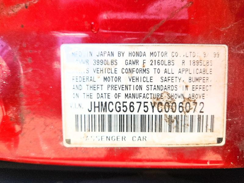 Aukcja sprzedaży 2000 Honda Accord, vin: JHMCG5675YC006072, numer aukcji: 57507786
