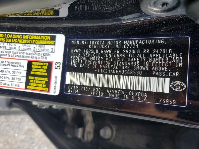 2021 Toyota Camry მანქანა იყიდება აუქციონზე, vin: 4T1K31AK6MU568530, აუქციონის ნომერი: 56984726