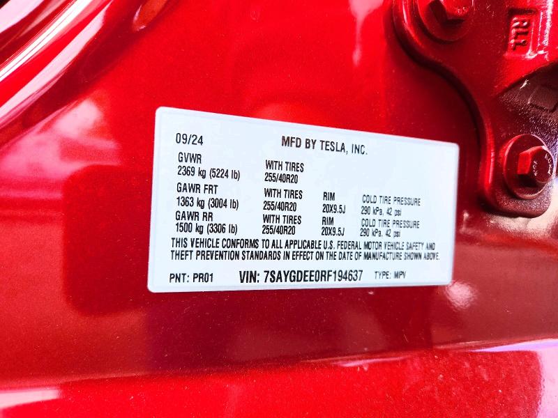 57951276 :رقم المزاد ، 7SAYGDEE0RF194637 vin ، 2024 Tesla Model Y مزاد بيع