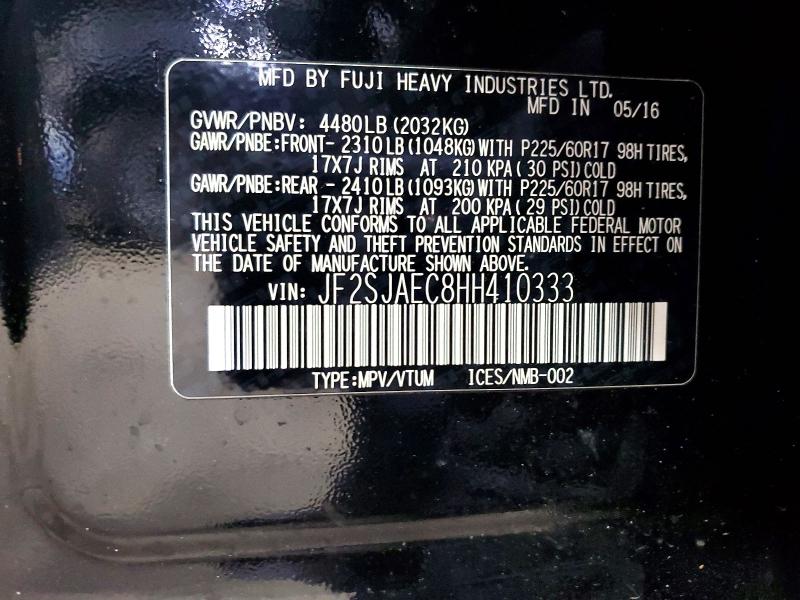 Продажа на аукционе авто 2017 Subaru Forester, vin: JF2SJAEC8HH410333, номер лота: 57962376