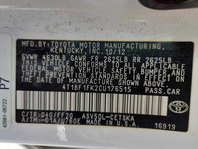 55655636 :رقم المزاد ، 4T1BF1FK2CU176515 vin ، 2012 Toyota Camry مزاد بيع