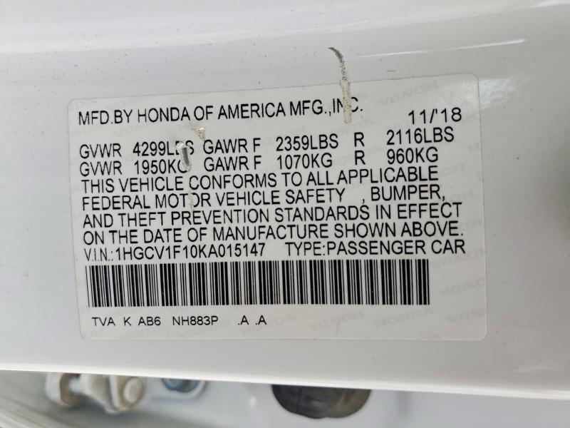 2019 Honda Accord მანქანა იყიდება აუქციონზე, vin: 1HGCV1F10KA015147, აუქციონის ნომერი: 56741116